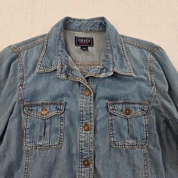 Chaps Denim Shacket Women's L Metal Logo Buttons Vintage EUC 4 Pockets Jacket - Picture 5 of 16